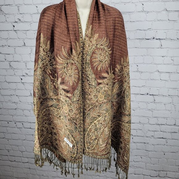Pashmina Tan Multicolor Silk Paisley Floral Fringe Rectangle Scarf Wrap 70x27" - Picture 6 of 8